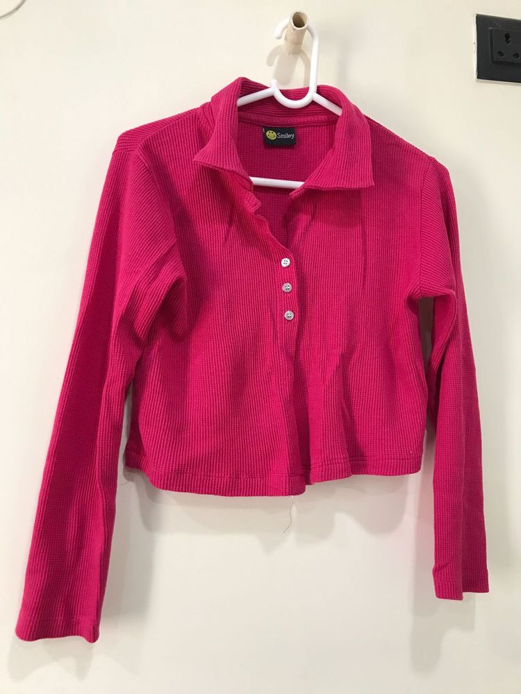 Hot Pink Ribbed Collared Crop Top