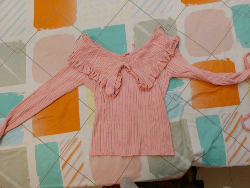 Pink Ribbed Ruffle Peter Pan Collar Top