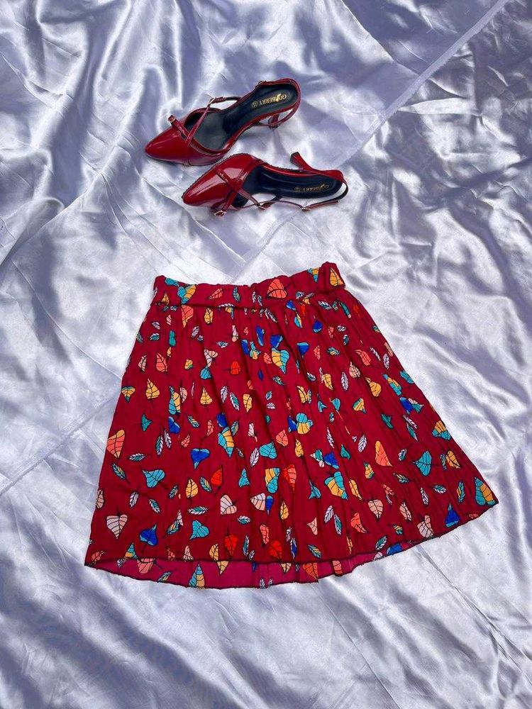 Red Leaf Print Mini Skirt