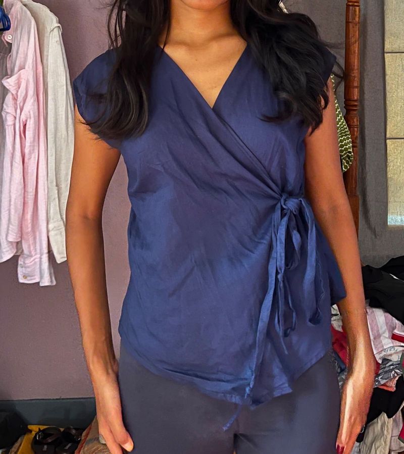 Elegant Navy Blue Wrap Top