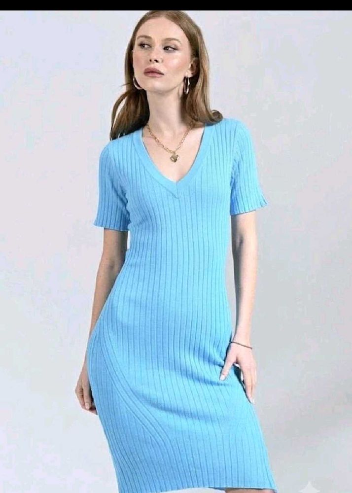 Sky Blue V-Neck Ribbed Midi Dress