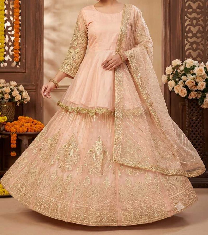 🌸 Beautiful Light Peach &amp; Gold Heavy Net Lehenga