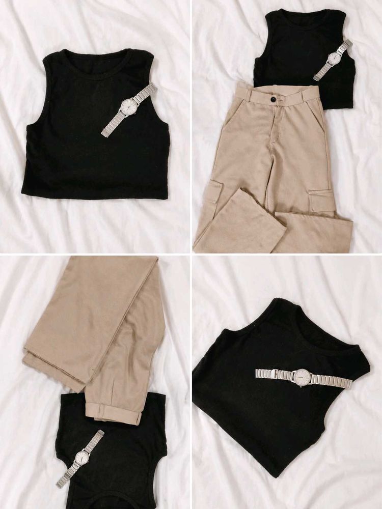 Sleek Black Tank Top &amp; Cargo Pants Set