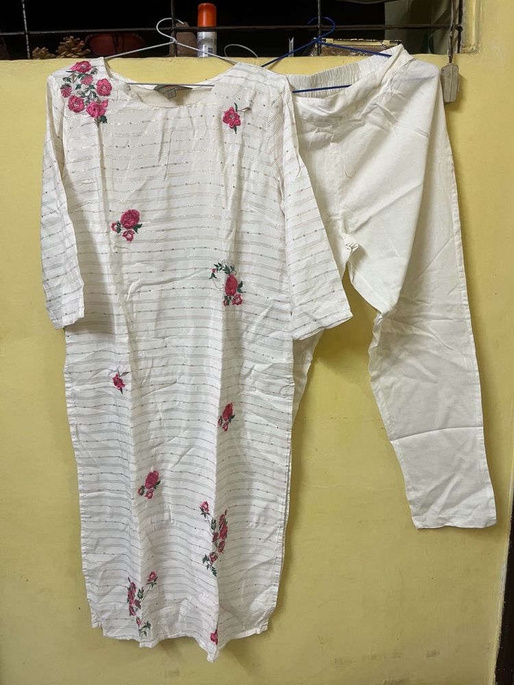 White Kurta Set with Pink Floral Embroidery