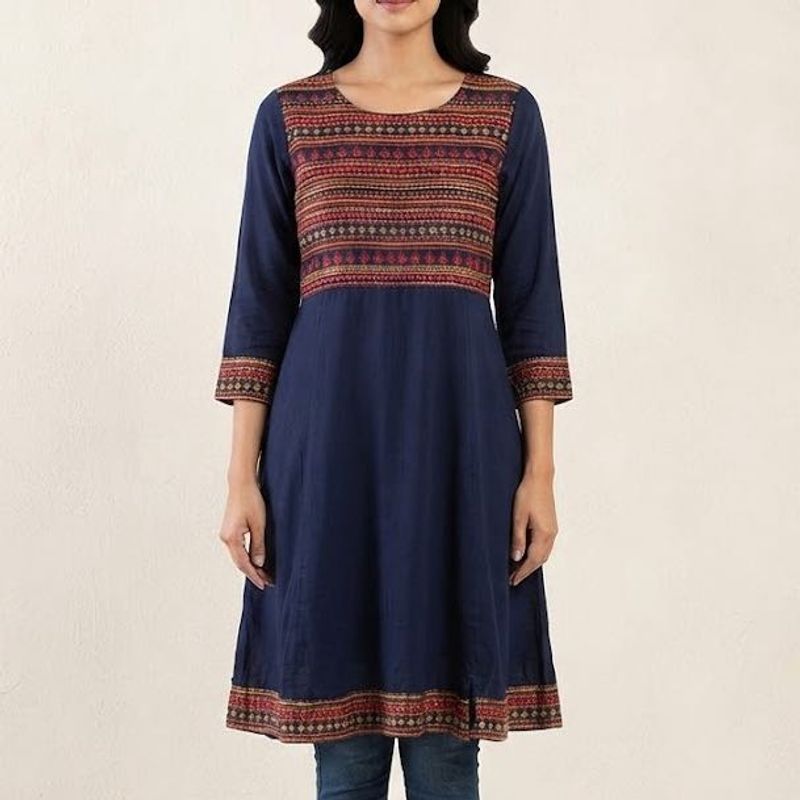 Embroidered Navy Blue Kurta