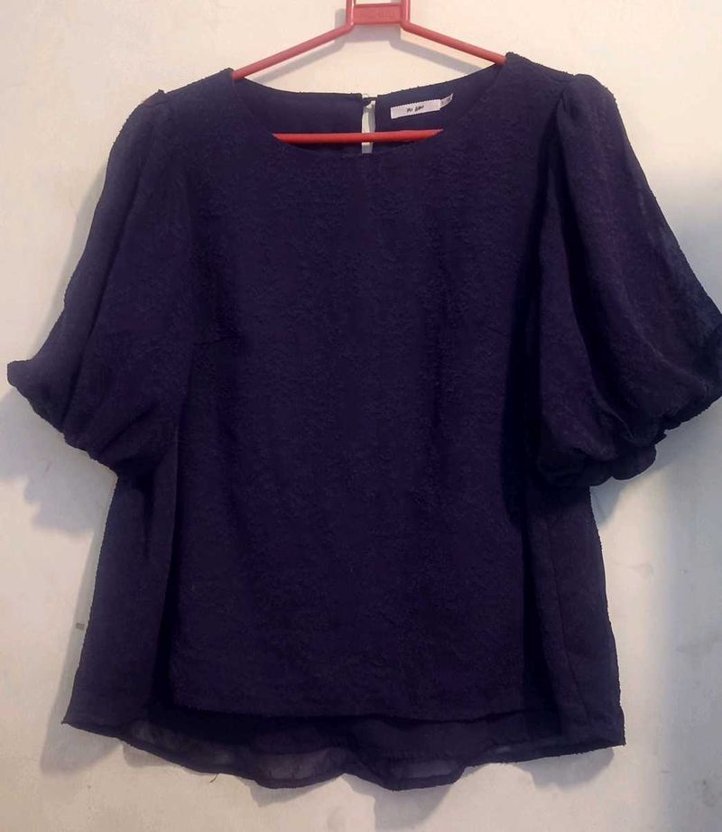 Navy Blue Textured Puff Sleeve Top
