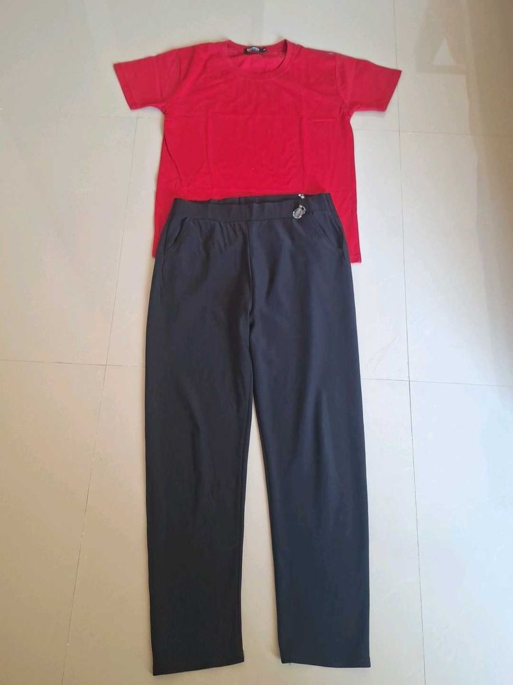 Comfortable Red T-Shirt and Grey Pants Set