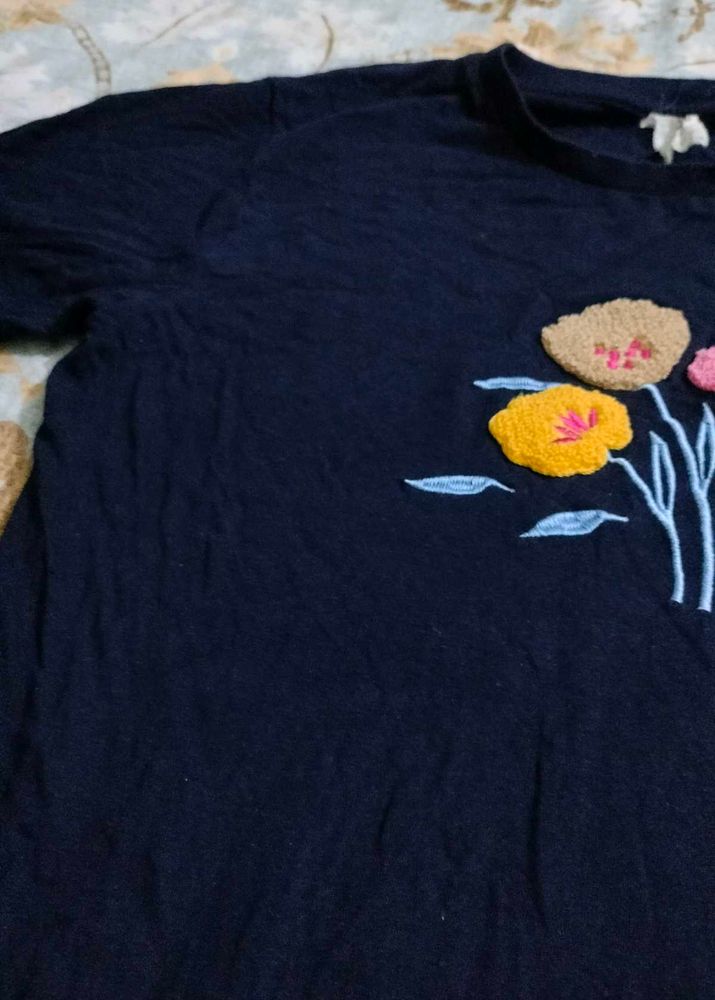 Navy Blue Floral Embroidered T-Shirt