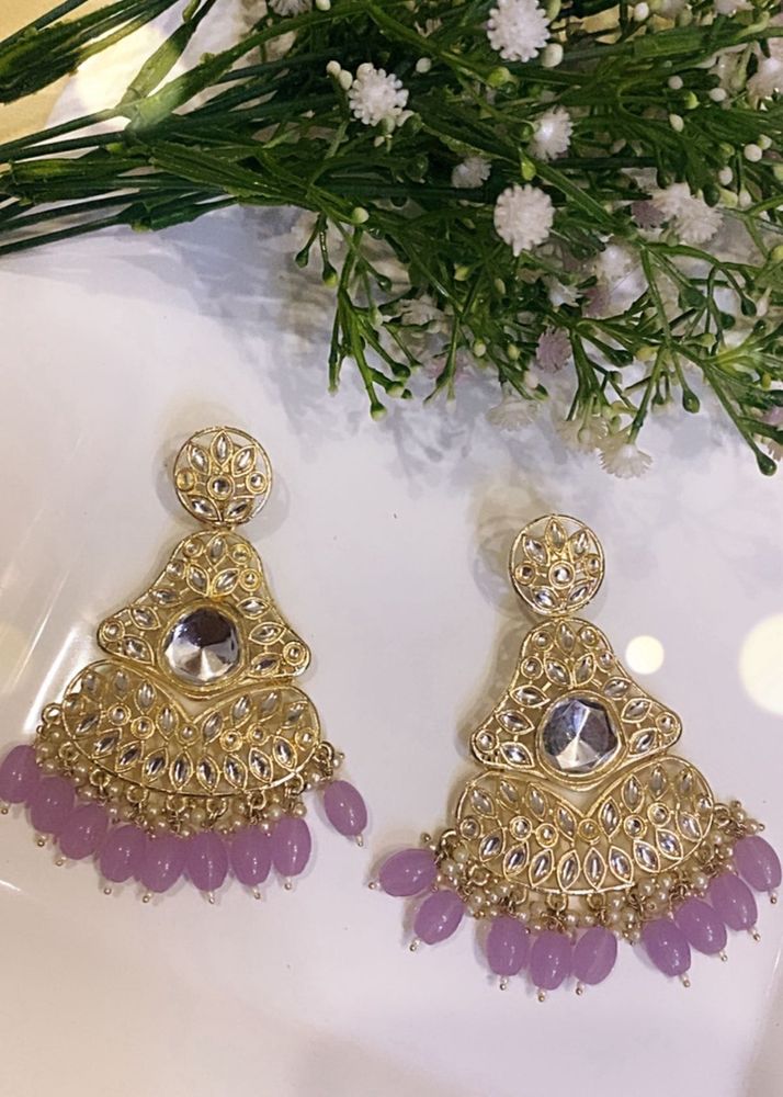 Elegant Lavender Beaded Gold Earrings