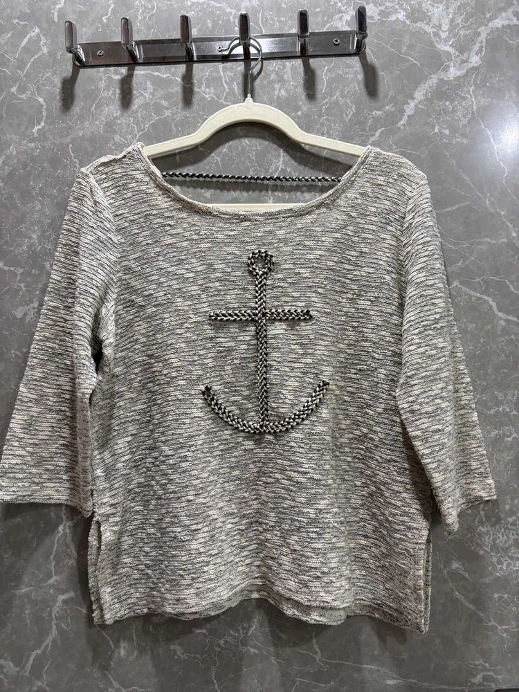 Grey Marled Top with Anchor Detail