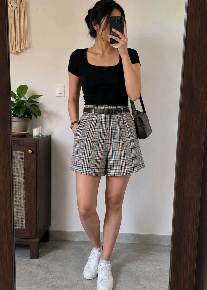 Plaid Pleated High-Waisted Shorts