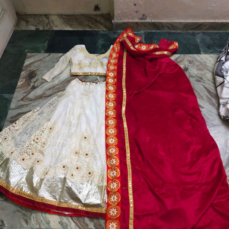 Elegant White &amp; Red Lehenga Choli Set