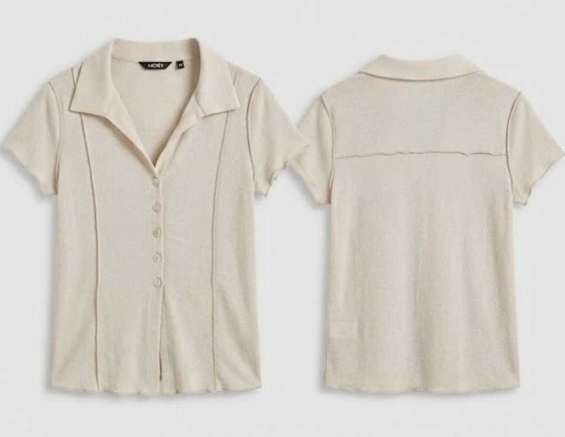 NUON Cream Textured Knit Short Sleeve Polo Top(S-M