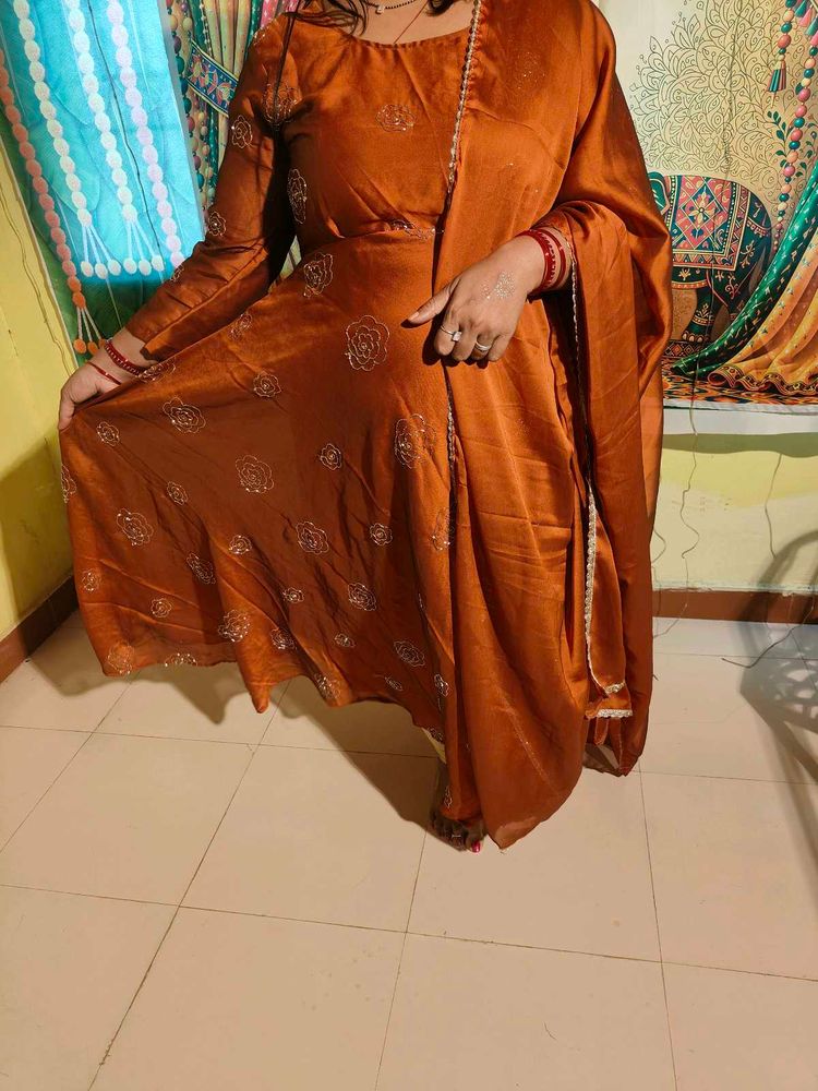 Elegant Orange Embellished Anarkali Gown