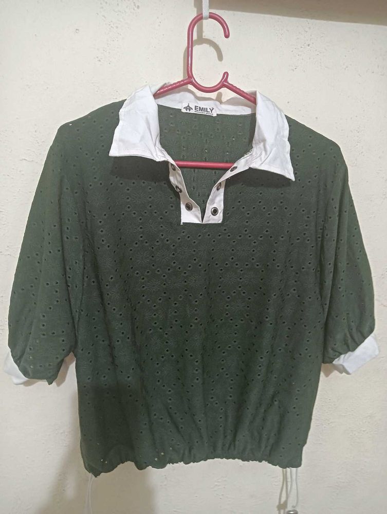 Green Eyelet Cropped Collared Top
