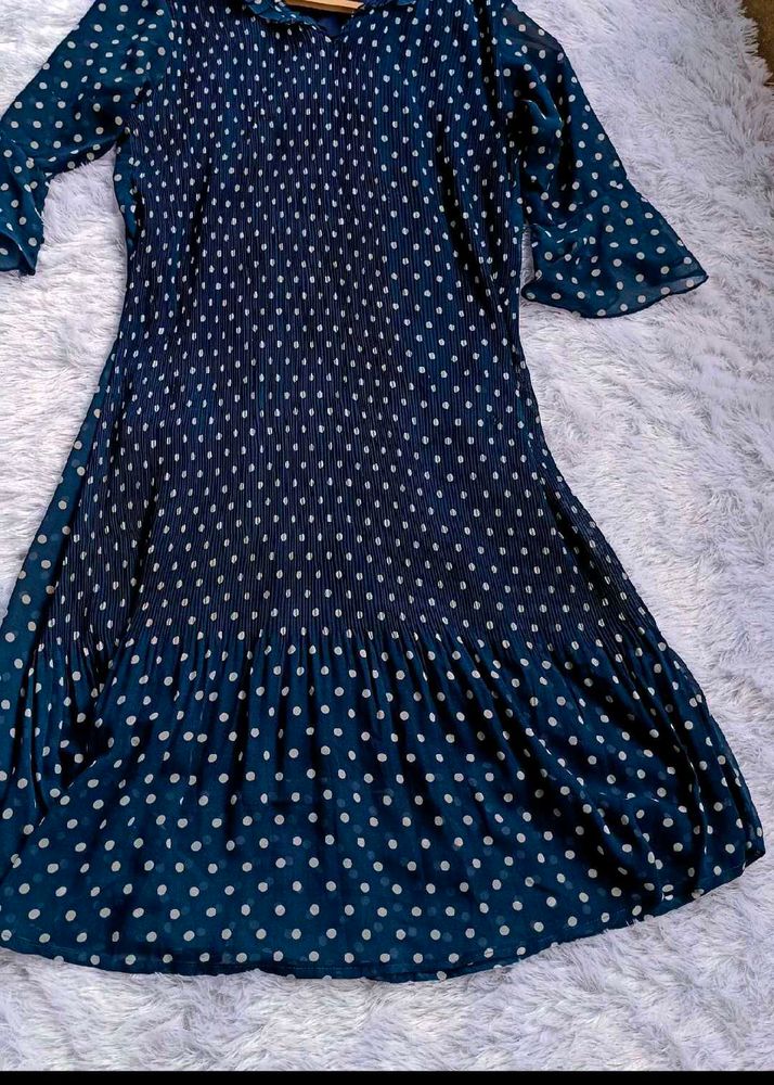 Navy Polka Dot Pleated Midi Dress