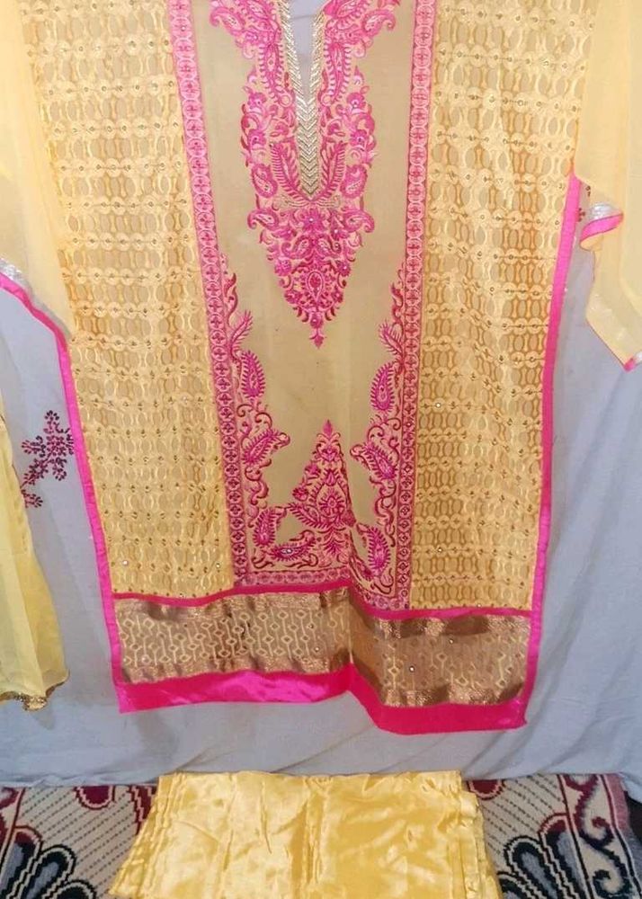 Yellow Kurta Set with Pink Embroidery