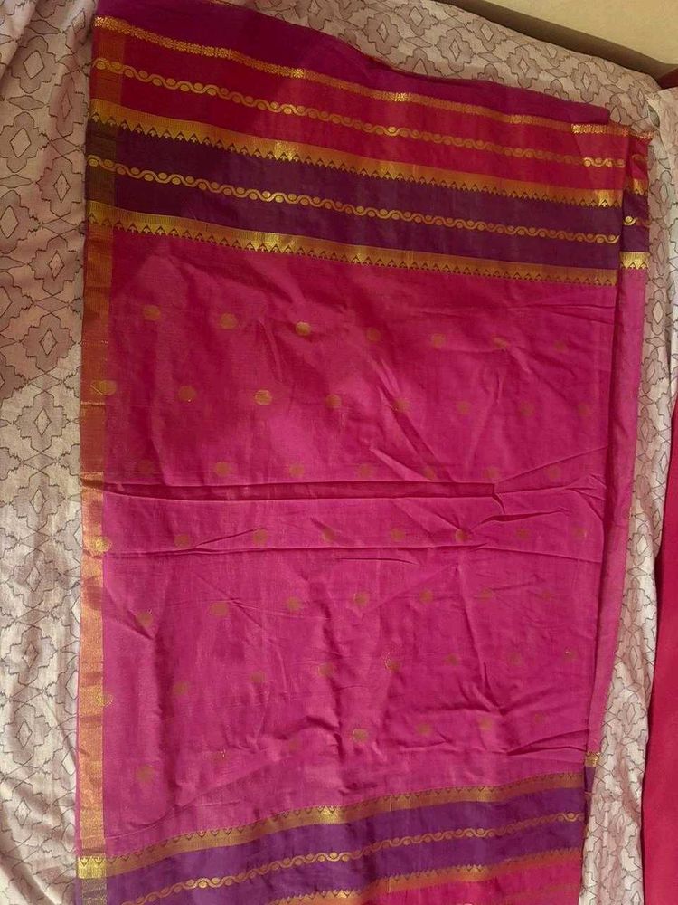 Vibrant Pink Saree with Gold Border