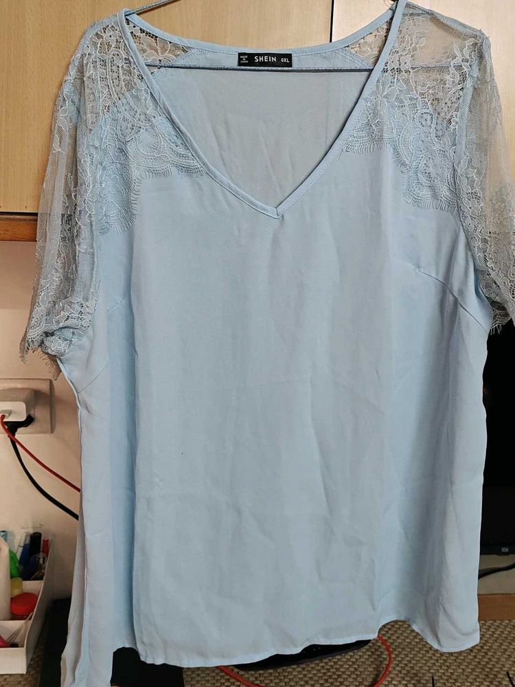 Light Blue Sheer Lace Sleeve Top