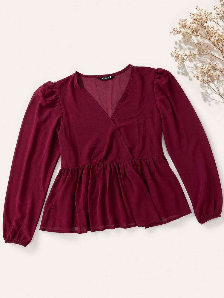 Chic Burgundy Peplum Wrap Top
