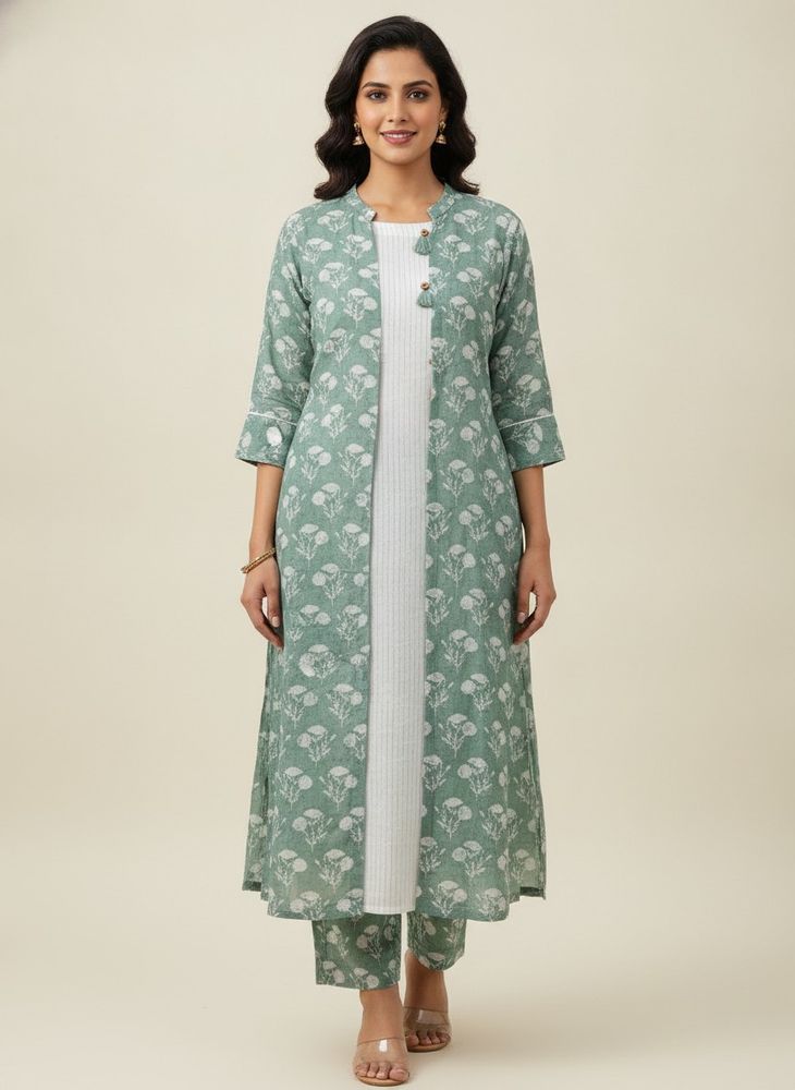 Green Floral Print Gown with Shrug