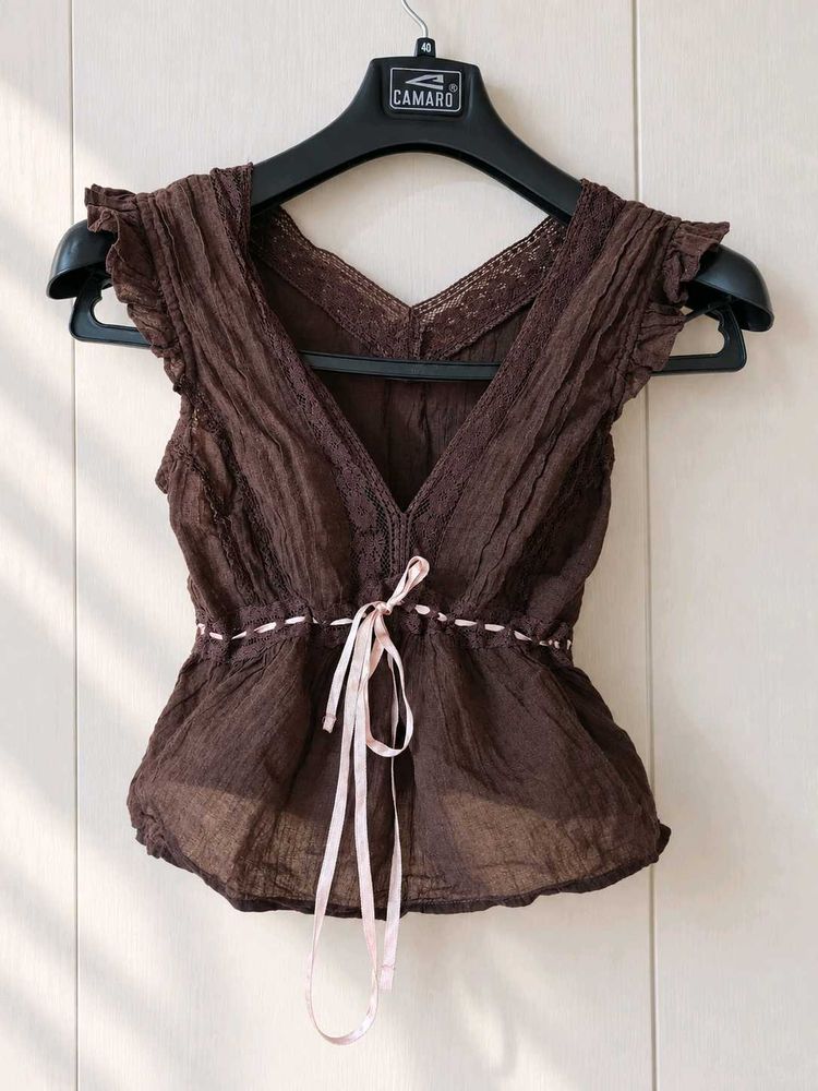 chocolate brown V-Neck Lace Trim Peasant Top