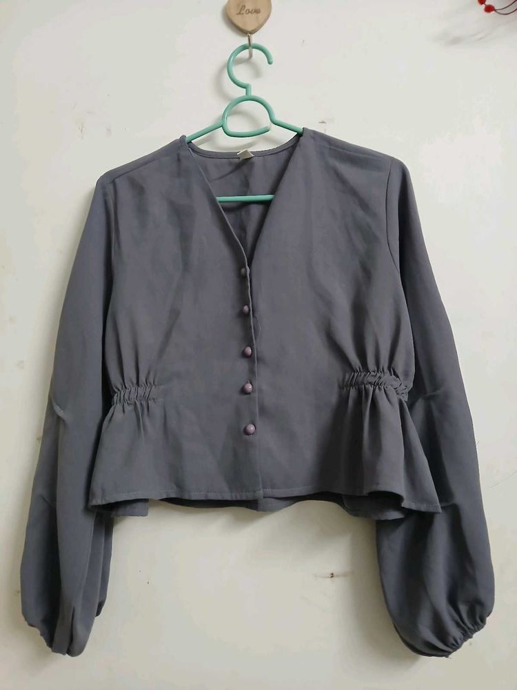Chic Grey Peplum Button-Up Blouse