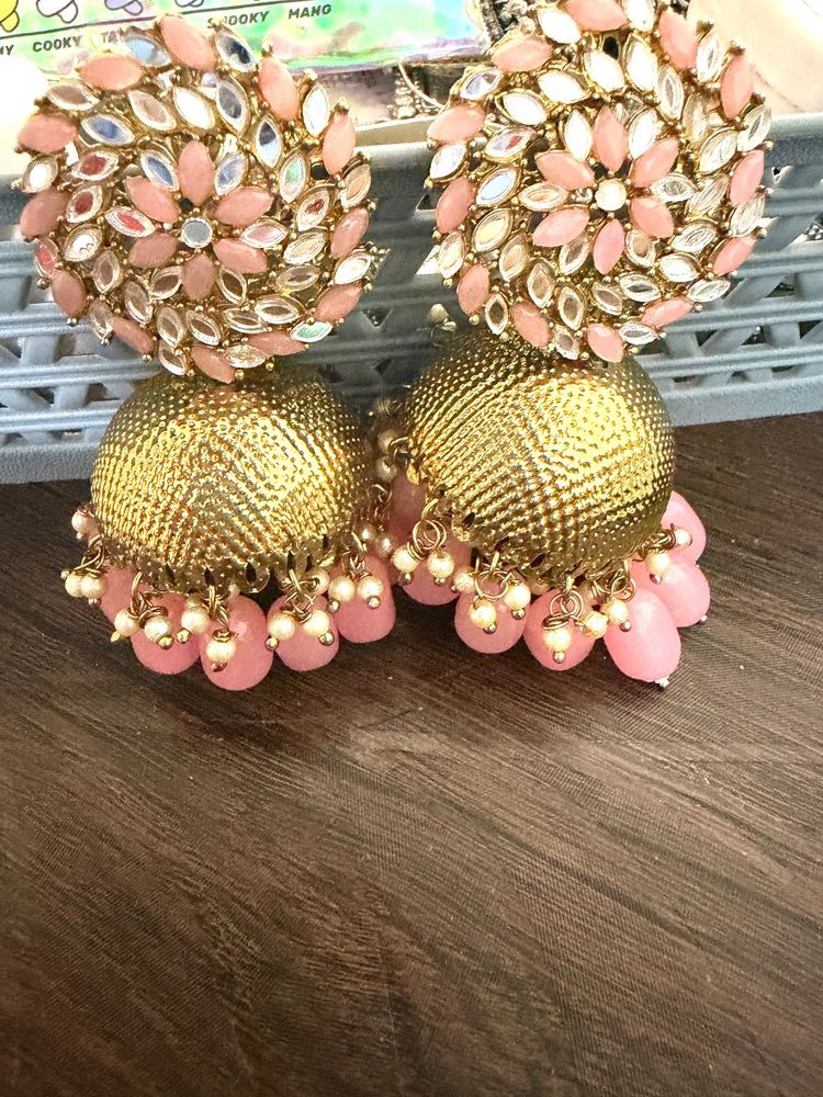 Stunning Pink &amp; Gold Jhumka Earrings