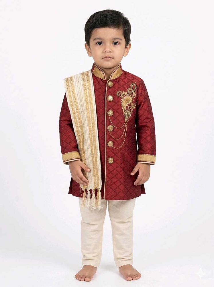 Boys Maroon Sherwani with Scarf