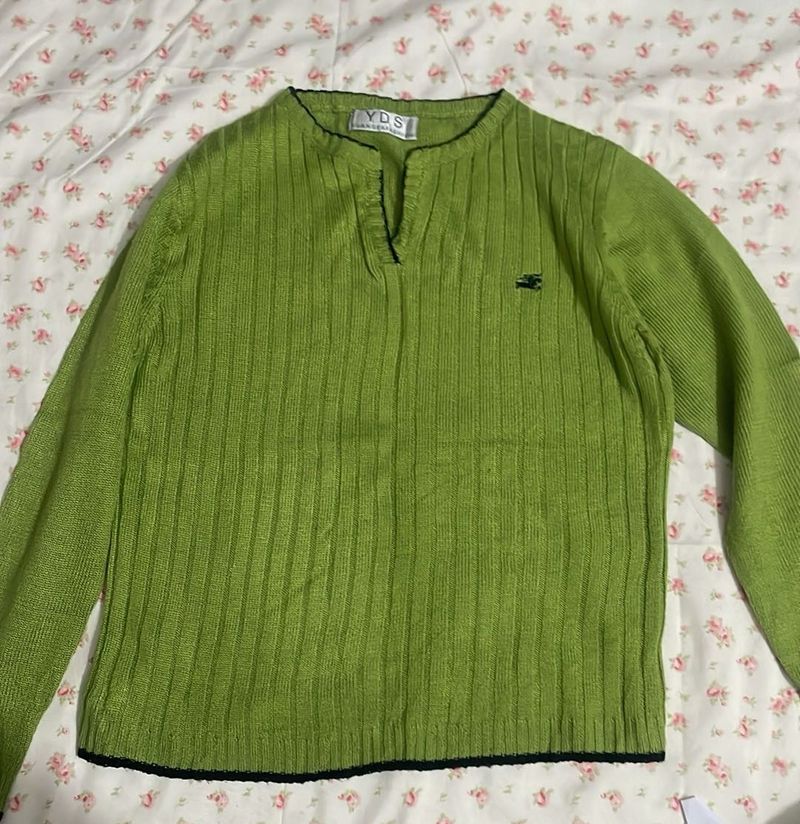 Lime Green Ribbed V-Neck Sweater