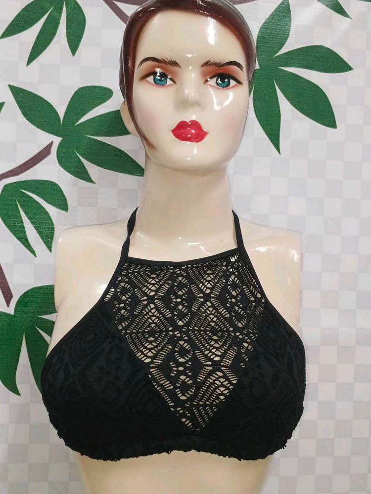 (1100)Black Lace Halter Bikini Top