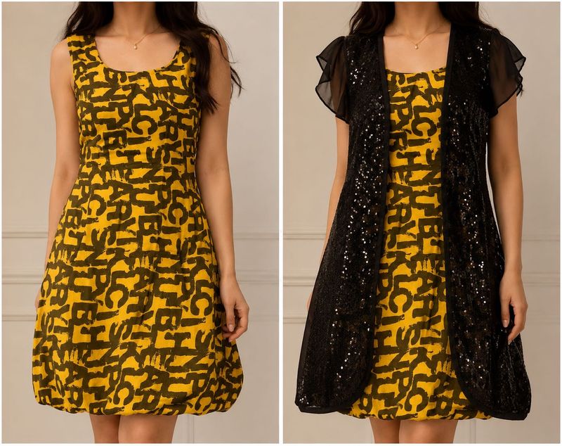 Yellow Graphic Dress &amp; Black Sequin Shrug