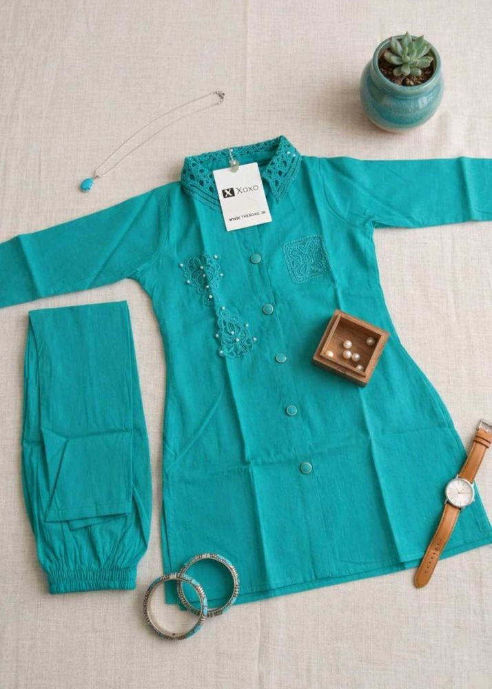 Elegant Teal Kurta + Pant with Lace