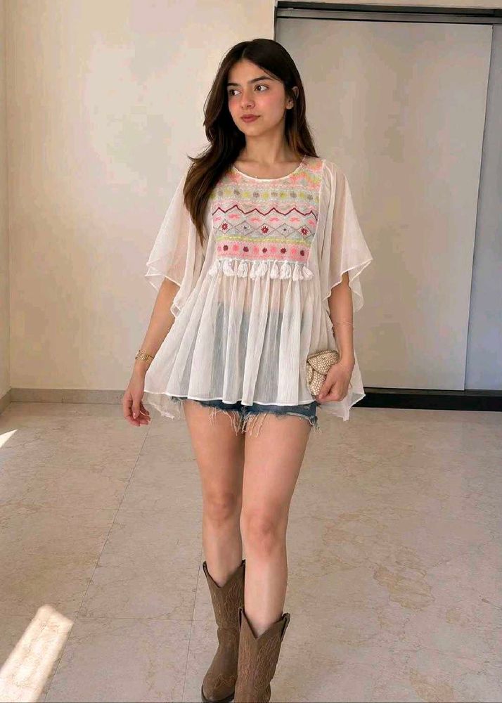 Boho Embroidered Sheer Tunic butterfly sleeves Top