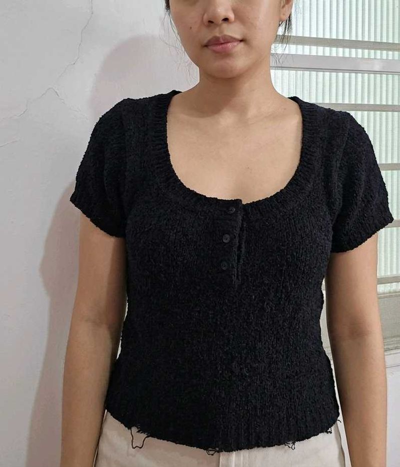 Black Textured Button-Up Top