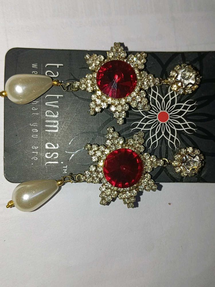 Stunning Red &amp; Pearl Dangle Earrings