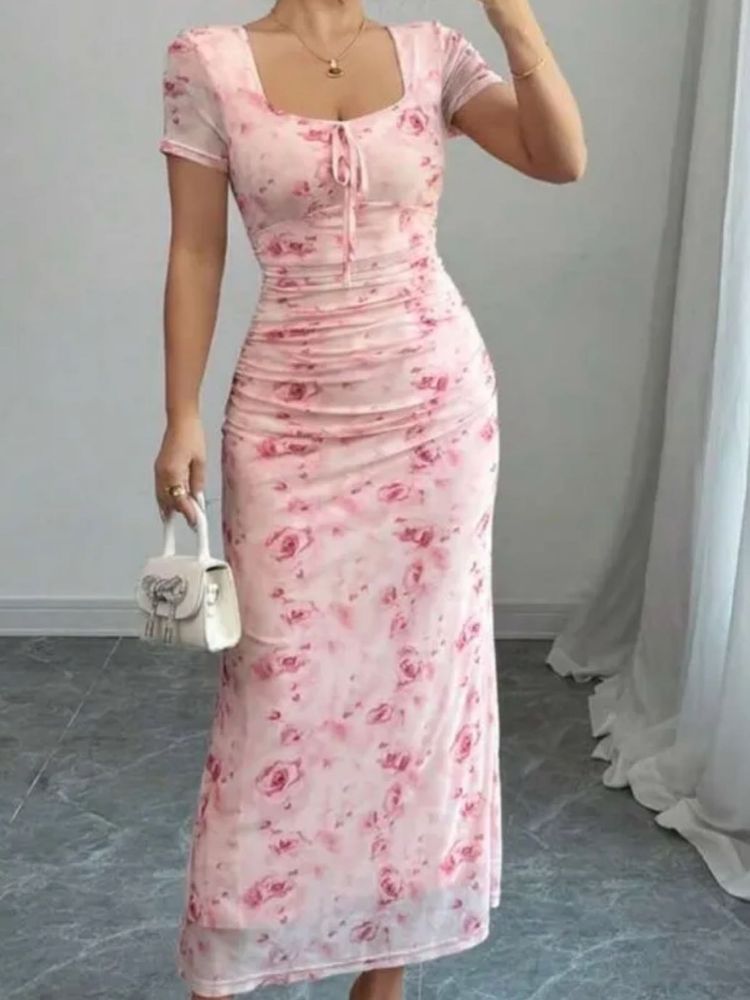 Chic Pink Floral Ruched Midi Dress