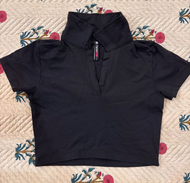 Black Cropped Collared Top