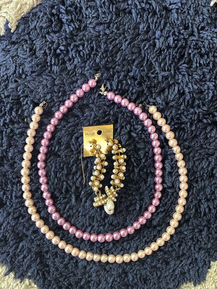 Pair of White Pearl Earrings And Two Necklaces