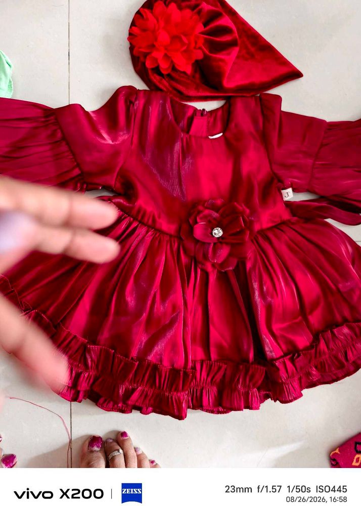 Adorable Red Baby Dress &amp; Hat Set &amp; purple cord se
