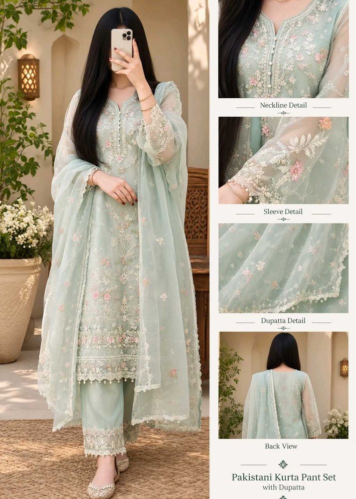 Embroidered Pakistani Kurta Pant Set with Dupatta