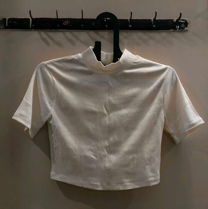Cream Ribbed Mock Neck Crop Top