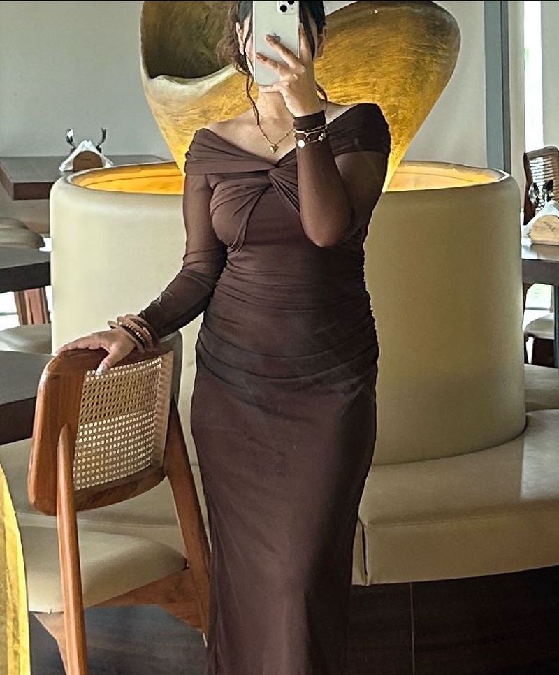 brown off shoulder dress