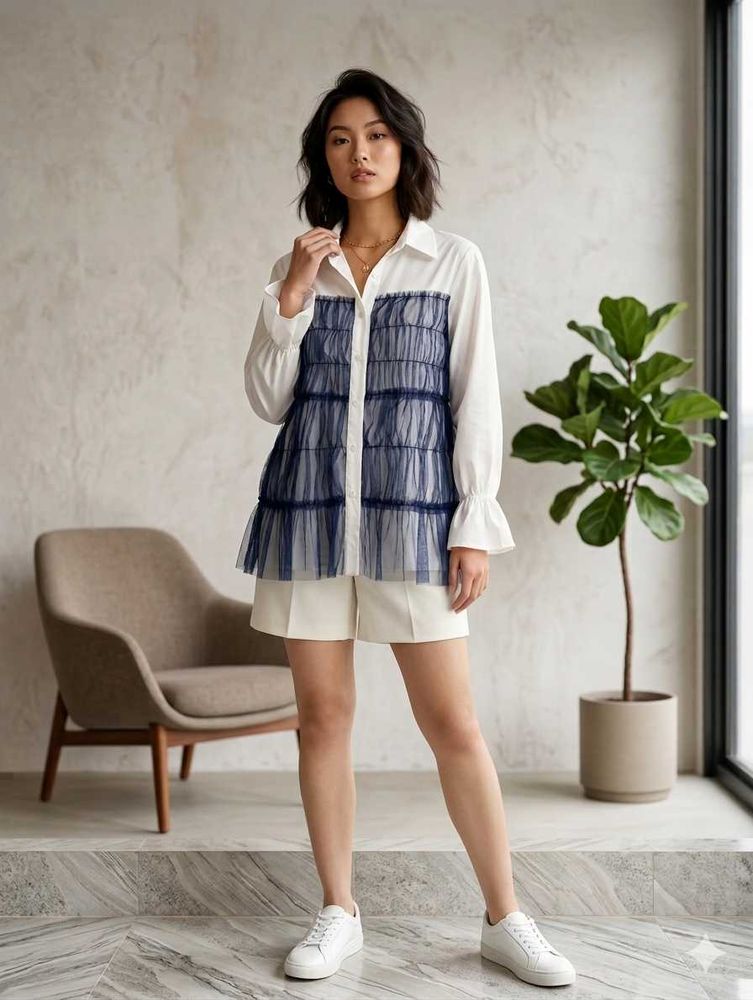 Tulle Accent Button Down