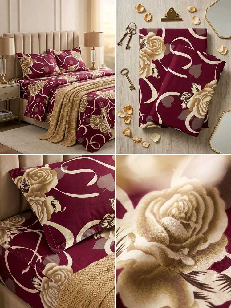 Elegant Double Bed Sheet Rose Print Bedding Set