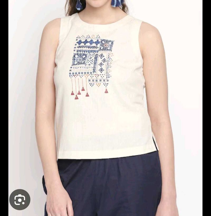 Cream Ethnic Kurta Top with Blue Print