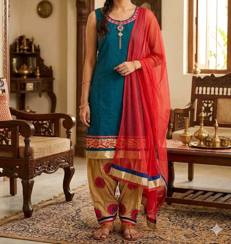 Teal Kurta Set with Red Dupatta