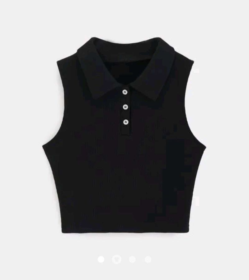 Sleeveless Black Polo Crop Top