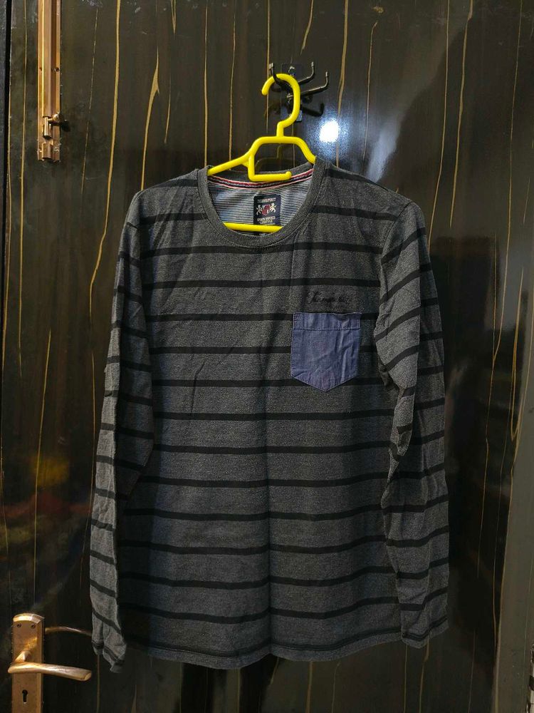 unisex Striped Long-Sleeve T-Shirt with Pocket