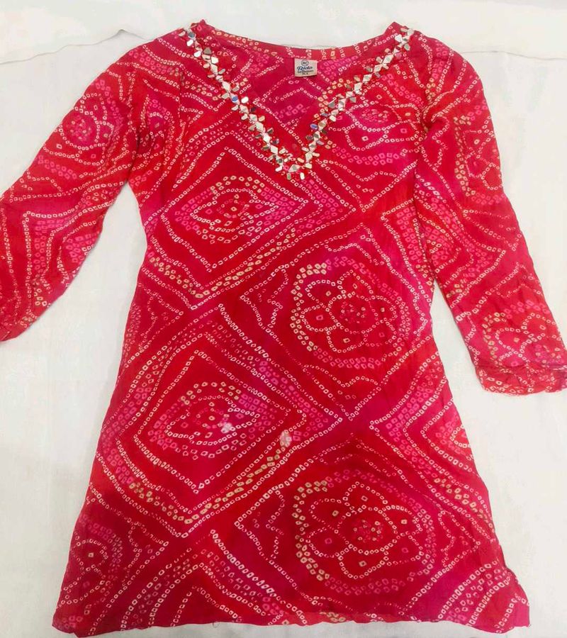Elegant Red Bandhani Print Short Kurti❤️